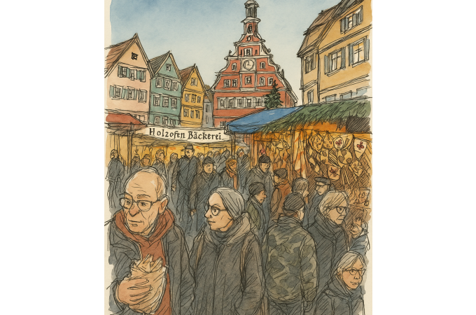 Illustration eines belebten Marktplatzes mit Fachwerkhäusern und Menschen. Ein Stand mit der Aufschrift 'Holzofen Bäckerei' ist zu sehen., © Esslinger Stadtmarketing & Tourismus GmbH Illustration eines belebten Marktplatzes mit Fachwerkhäusern und Menschen. Ein Stand mit der Aufschrift 'Holzofen Bäckerei' ist zu sehen., © Esslinger Stadtmarketing & Tourismus GmbH