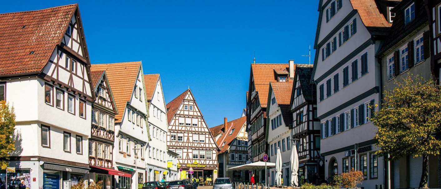 Fachwerkhäuser säumen eine Straße in der Altstadt von Leonberg. Der Himmel ist klar und blau, die Architektur traditionell und gut erhalten., © Stuttgart-Marketing GmbH, Sarah Schmid Fachwerkhäuser säumen eine Straße in der Altstadt von Leonberg. Der Himmel ist klar und blau, die Architektur traditionell und gut erhalten., © Stuttgart-Marketing GmbH, Sarah Schmid