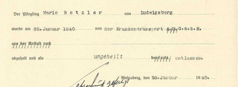 Ein historisches Dokument aus dem Jahr 1940, das die Entlassung einer Patientin namens Marie Betzler aus einer psychiatrischen Anstalt in Weinsberg dokumentiert., &copy; Staatsarchiv Ludwigsburg