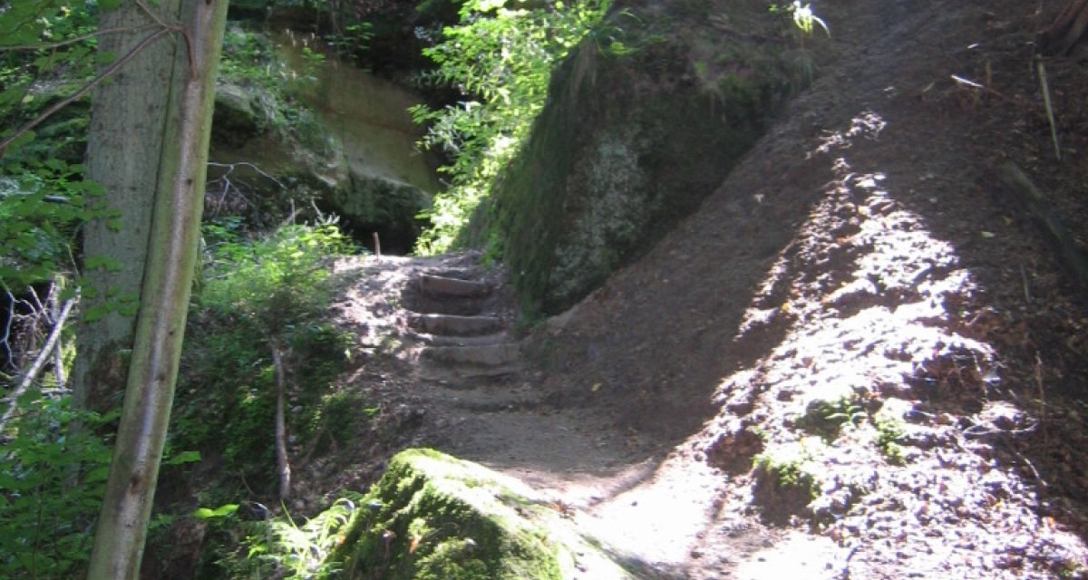 Ein Waldweg mit natürlichen Stufen führt durch moosbewachsene Felsen. Sonnenlicht fällt durch das dichte Blätterdach und beleuchtet den Pfad., © Stadt Lorch Ein Waldweg mit natürlichen Stufen führt durch moosbewachsene Felsen. Sonnenlicht fällt durch das dichte Blätterdach und beleuchtet den Pfad., © Stadt Lorch