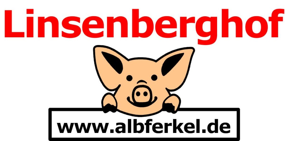 Logo des Linsenberghofs mit einem gezeichneten Ferkel und der Website www.albferkel.de.