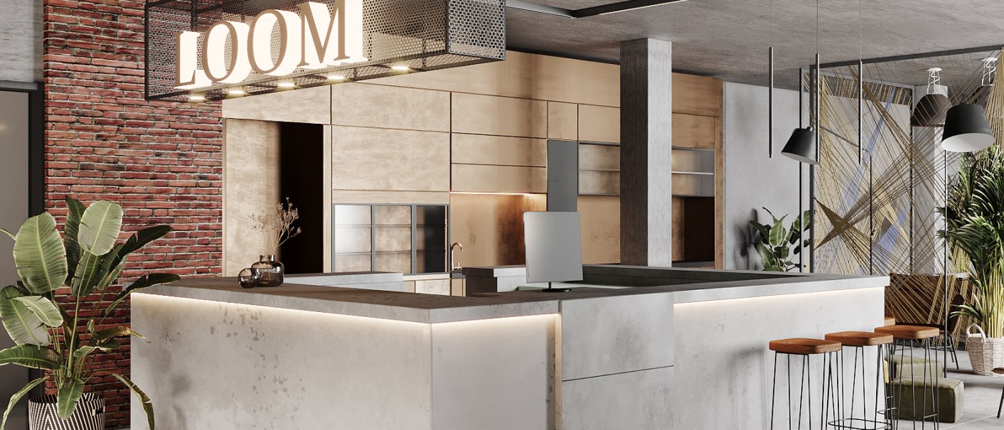 Moderne Rezeption im LOOM Hotel mit Beton- und Holzelementen, Ziegelwand, Pflanzen und Hockern. Beleuchtung und Dekor verleihen ein stilvolles Ambiente., © LOOM Hotel & Skybar Moderne Rezeption im LOOM Hotel mit Beton- und Holzelementen, Ziegelwand, Pflanzen und Hockern. Beleuchtung und Dekor verleihen ein stilvolles Ambiente., © LOOM Hotel & Skybar