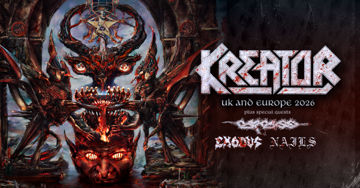 Poster der Kreator Tour 2026 mit d&uuml;sterem, d&auml;monischem Artwork. Angek&uuml;ndigt sind Auftritte in UK und Europa mit speziellen G&auml;sten., &copy; links im Bild