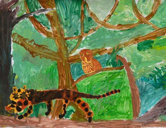 Ein farbenfrohes Gemälde zeigt einen Dschungel mit einem Tiger im Vordergrund und einer Eule auf einem Ast im Hintergrund., © Kunstschule Labyrinth Ein farbenfrohes Gemälde zeigt einen Dschungel mit einem Tiger im Vordergrund und einer Eule auf einem Ast im Hintergrund., © Kunstschule Labyrinth