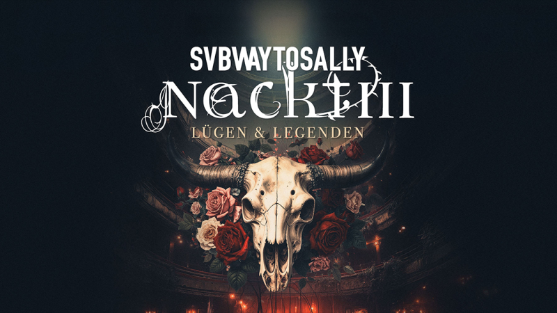 Albumcover von Subway To Sally: Ein Stiersch&auml;del mit Rosen umgeben, der Titel 'Nackt III - L&uuml;gen & Legenden' ist prominent platziert., &copy; links im Bild