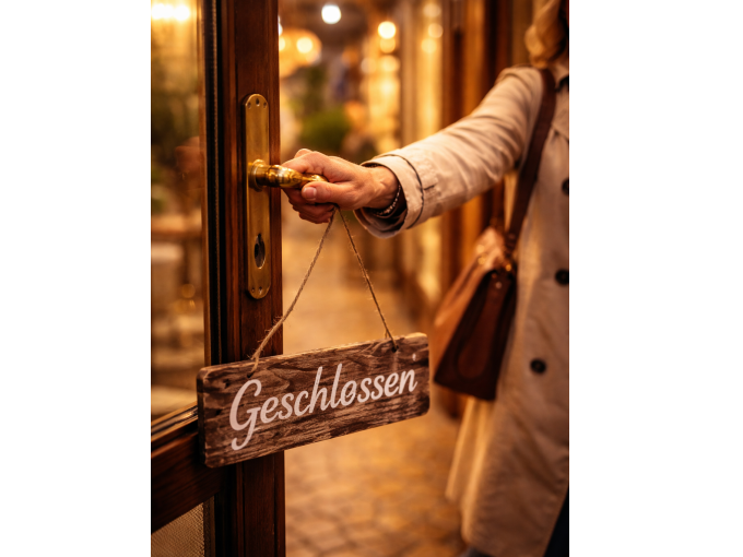 Eine Person in einem Mantel schlie&szlig;t eine T&uuml;r mit einem "Geschlossen"-Schild ab. Die Szene ist warm beleuchtet und vermittelt eine abendliche Atmosph&auml;re., &copy; Stadtverwaltung Schorndorf