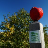 Holzpfosten mit rotem Apfel und Schild 'Streuobst Erlebnis Herrenberg' vor blauem Himmel und Bäumen., © Natur.Nah. Schönbuch & Heckengäu