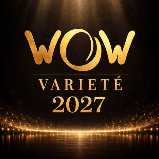 Goldener Schriftzug 'WOW Varieté 2027' auf schwarzem Hintergrund mit funkelnden Lichteffekten., © Stadthalle Leonberg Goldener Schriftzug 'WOW Varieté 2027' auf schwarzem Hintergrund mit funkelnden Lichteffekten., © Stadthalle Leonberg