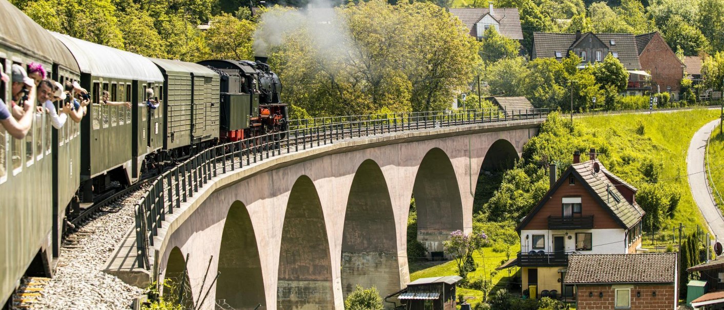 Eine Dampflokomotive zieht einen Zug &uuml;ber eine Br&uuml;cke in einer gr&uuml;nen, l&auml;ndlichen Landschaft. Menschen schauen aus den Fenstern und fotografieren., &copy; SMG, Sarah Schmid