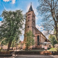 Eine Kirche mit hohem Turm, umgeben von Bäumen, bei sonnigem Wetter. Der Turm hat eine Uhr und ein spitzes Dach., © Stadt Welzheim Eine Kirche mit hohem Turm, umgeben von Bäumen, bei sonnigem Wetter. Der Turm hat eine Uhr und ein spitzes Dach., © Stadt Welzheim