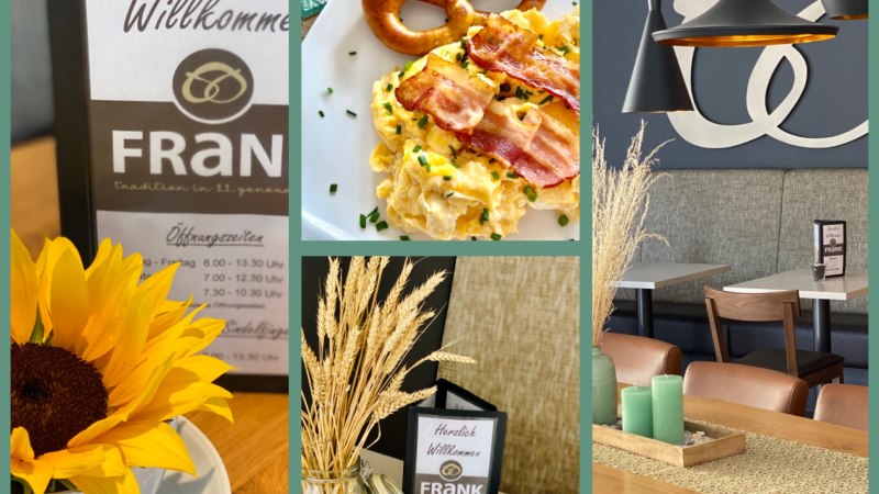 Collage mit Café-Elementen: Frühstück mit Brezel und Rührei, Sonnenblume, Tischdeko mit Weizen, Innenraum mit modernen Lampen und Sitzbereich., © Bäckerei FRANK