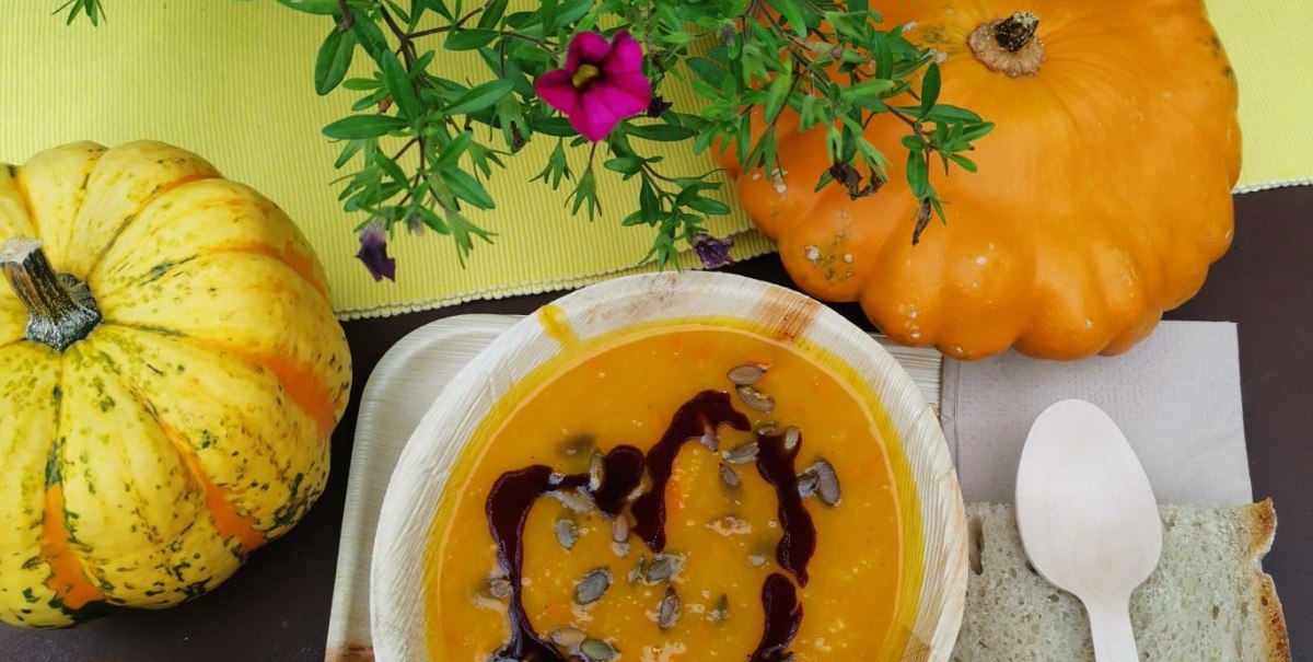 Kürbissuppe in einer Schale mit Kürbiskernen und Balsamico, daneben Brot und ein Holzlöffel. Dekoriert mit Kürbissen und grünen Pflanzen., © n/a