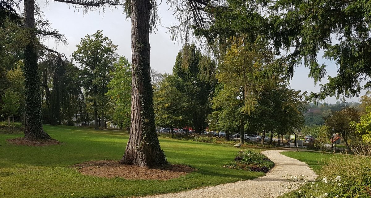 Ein geschwungener Kiesweg durchzieht einen grünen Park mit hohen Bäumen und Blumenbeeten im Schlosspark Essingen., © Remstal Tourismus e.V. Ein geschwungener Kiesweg durchzieht einen grünen Park mit hohen Bäumen und Blumenbeeten im Schlosspark Essingen., © Remstal Tourismus e.V.