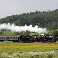 Eine Dampflok zieht grüne Waggons durch eine blühende Wiese, umgeben von bewaldeten Hügeln. Rauch steigt aus der Lokomotive auf., © E-Bike-Region Stuttgart