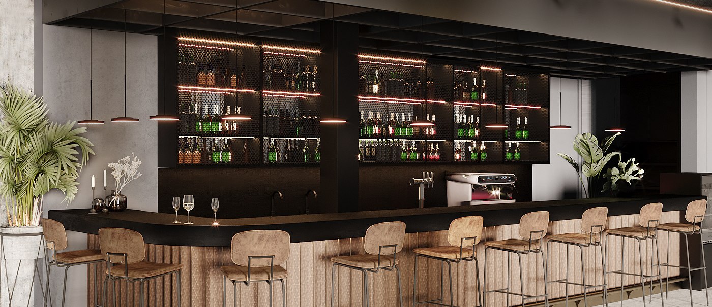 Elegante Hotelbar mit modernen Hockern, beleuchteten Regalen und Pflanzen. Stilvolle Atmosphäre mit dezenter Beleuchtung., © LOOM Hotel & Skybar Elegante Hotelbar mit modernen Hockern, beleuchteten Regalen und Pflanzen. Stilvolle Atmosphäre mit dezenter Beleuchtung., © LOOM Hotel & Skybar