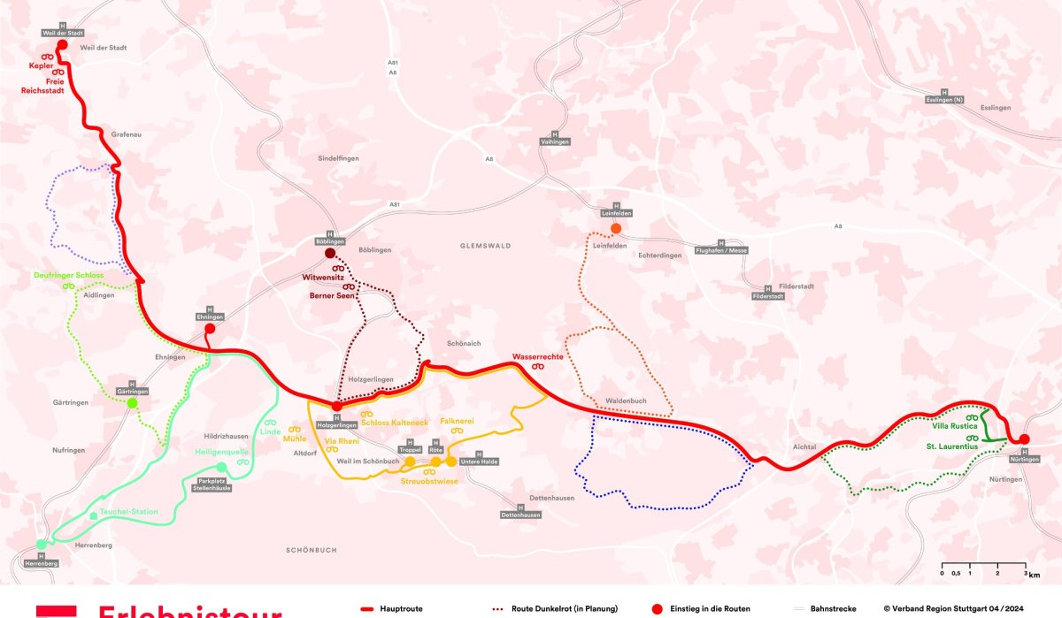 Karte der Erlebnistour zeigt Haupt- und Nebenrouten in der Region Stuttgart, mit markierten Sehenswürdigkeiten und geplanten Routen. Autobahnen und Wälder sind eingezeichnet., © Verband Region Stuttgart Karte der Erlebnistour zeigt Haupt- und Nebenrouten in der Region Stuttgart, mit markierten Sehenswürdigkeiten und geplanten Routen. Autobahnen und Wälder sind eingezeichnet., © Verband Region Stuttgart