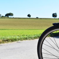 Fahrradvorderrad auf einem ländlichen Weg, im Hintergrund grüne Felder und Bäume unter klarem Himmel., © Stadtmarketing Böblingen e.V. Fahrradvorderrad auf einem ländlichen Weg, im Hintergrund grüne Felder und Bäume unter klarem Himmel., © Stadtmarketing Böblingen e.V.