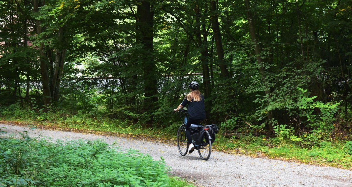 Eine Person fährt mit einem Fahrrad auf einem schmalen Waldweg, umgeben von dichtem Grün und Bäumen., © Stadtmarketing Böblingen e.V. Eine Person fährt mit einem Fahrrad auf einem schmalen Waldweg, umgeben von dichtem Grün und Bäumen., © Stadtmarketing Böblingen e.V.