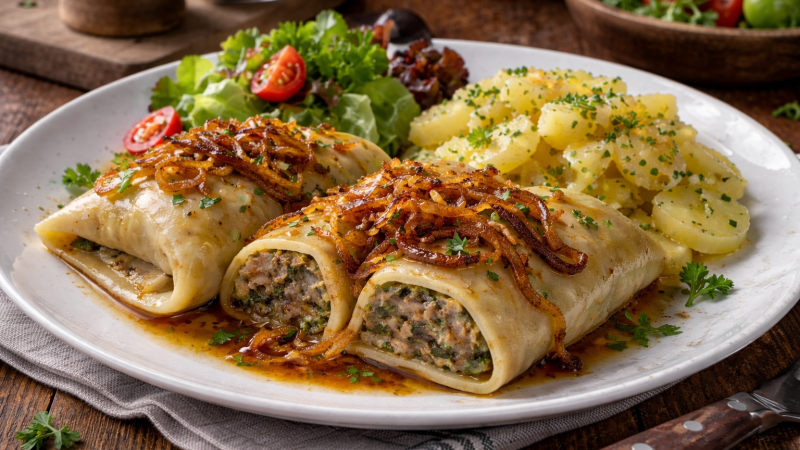 Typisch schw&auml;bisches Gericht: Maultaschen mit Kartoffelsalat.KI-generiertes Stockbild, &copy; KI-generiert