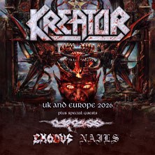 Poster der Band Kreator für die UK und Europa Tour 2020 mit Special Guests. Im Hintergrund ein dämonisches Gesicht., © links im Bild Poster der Band Kreator für die UK und Europa Tour 2020 mit Special Guests. Im Hintergrund ein dämonisches Gesicht., © links im Bild