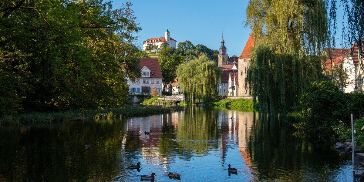 Flussufer in Vaihingen an der Enz mit Enten im Wasser, umgeben von Bäumen und historischen Gebäuden im Hintergrund., © Stuttgart-Marketing GmbH Flussufer in Vaihingen an der Enz mit Enten im Wasser, umgeben von Bäumen und historischen Gebäuden im Hintergrund., © Stuttgart-Marketing GmbH