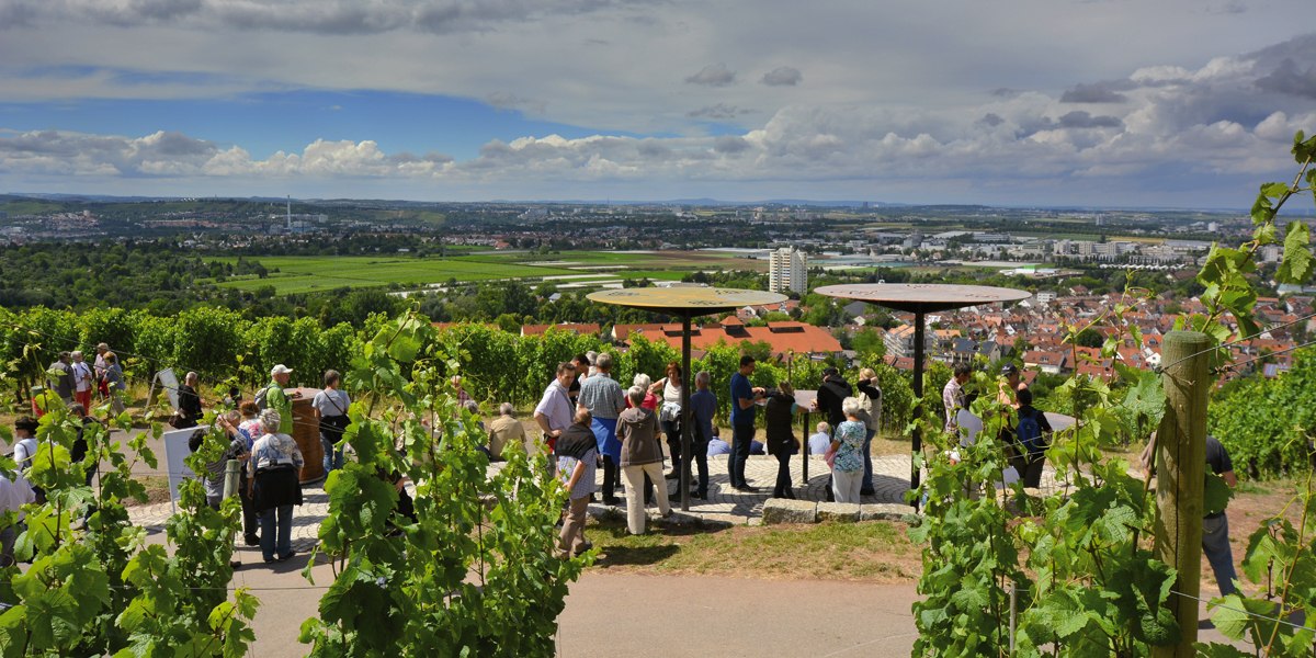 Menschen stehen auf einer Terrasse inmitten von Weinbergen und genießen den weiten Blick über die Stadt Fellbach und die umliegende Landschaft., © Simone Mathias Menschen stehen auf einer Terrasse inmitten von Weinbergen und genießen den weiten Blick über die Stadt Fellbach und die umliegende Landschaft., © Simone Mathias