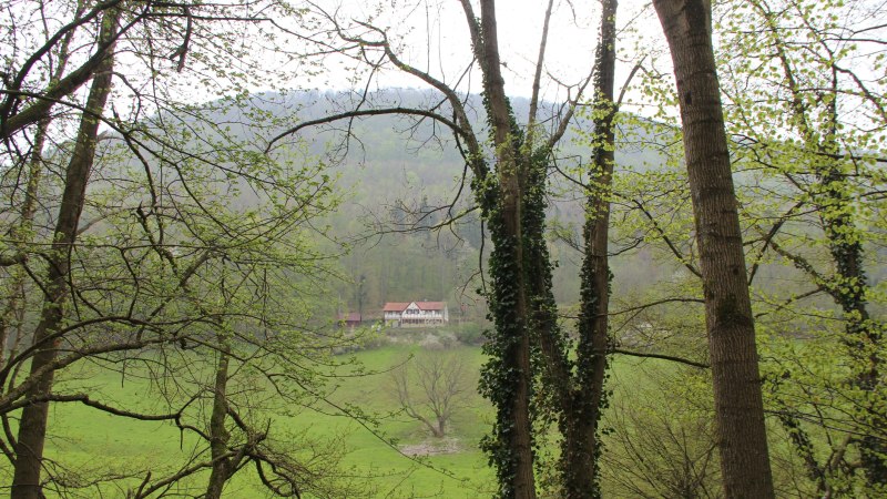 Ein Fachwerkhaus in einer gr&uuml;nen Landschaft, umgeben von B&auml;umen und H&uuml;geln. Die Szenerie wirkt ruhig und idyllisch., &copy; Bad Urach Tourismus