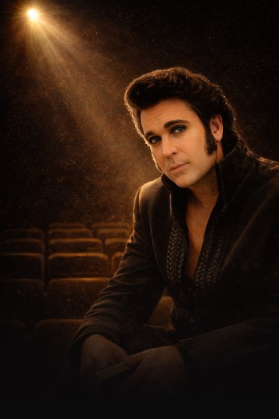 Ein Mann in einem leeren Theater, gekleidet wie Elvis Presley, sitzt nachdenklich unter einem Scheinwerferlicht., &copy; Touristik Bad Wildbad GmbH