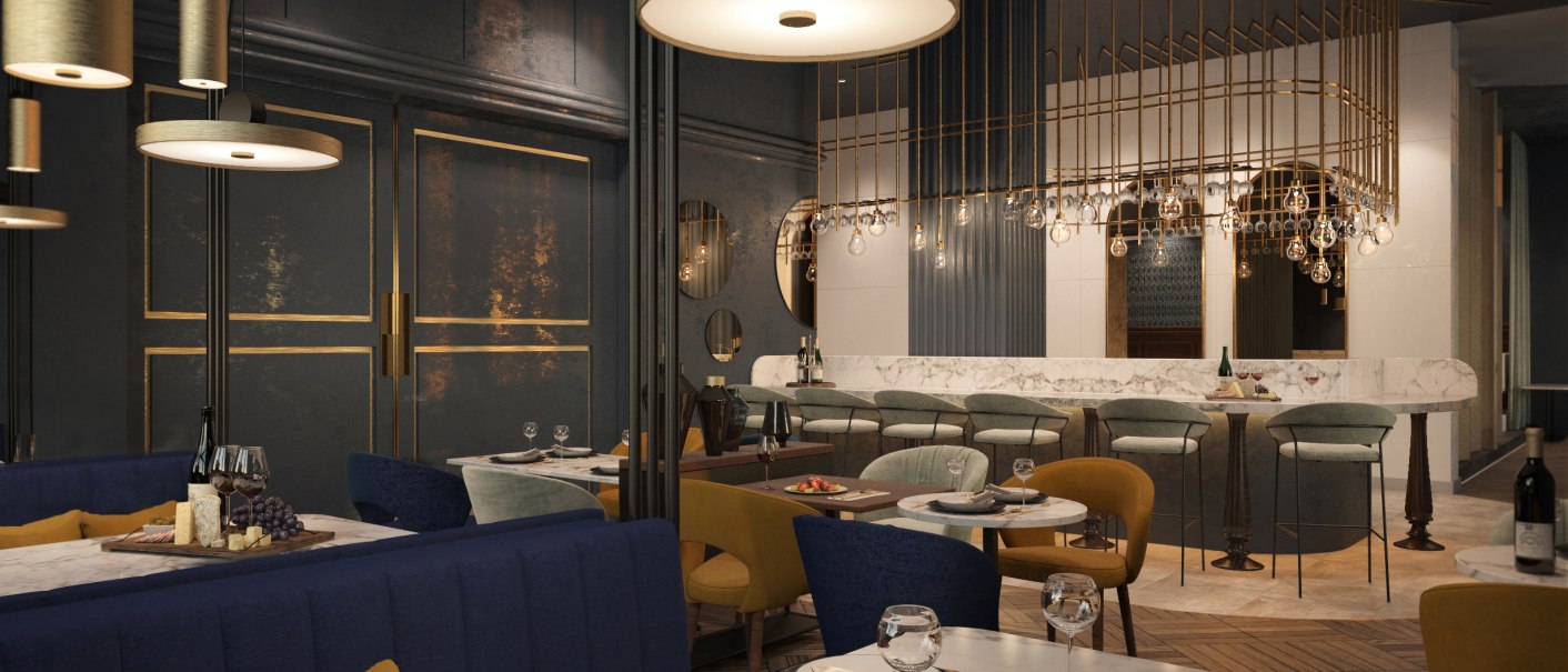 Elegantes Restaurant mit Marmortischen, blauen und gelben Stühlen, modernen Lampen und einer stilvollen Bar im Hintergrund., © Pullman Stuttgart Fontana Elegantes Restaurant mit Marmortischen, blauen und gelben Stühlen, modernen Lampen und einer stilvollen Bar im Hintergrund., © Pullman Stuttgart Fontana