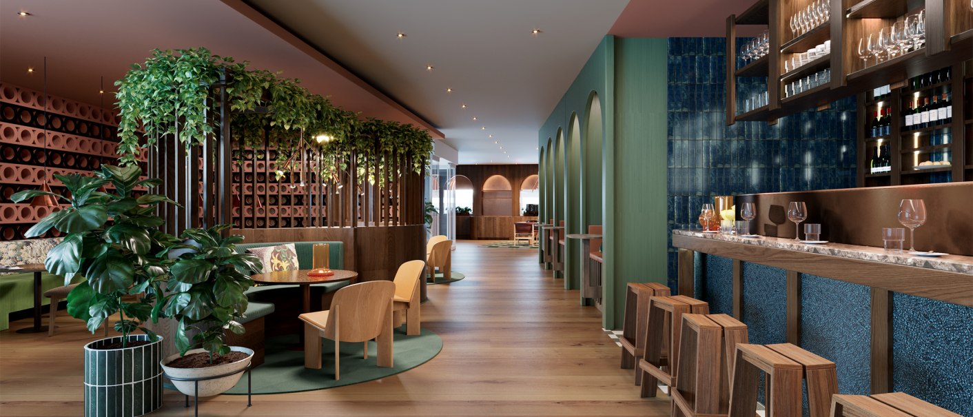 Moderne Lounge-Bar mit Holzmöbeln, Pflanzen und einer langen Theke. Gemütliche Sitzbereiche und stilvolle Beleuchtung schaffen eine einladende Atmosphäre., © Scandic Hotels