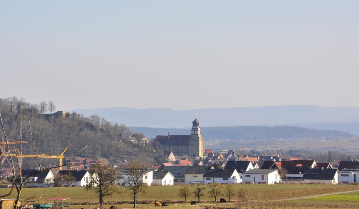 Blick auf Herrenberg mit Kirche im Zentrum, umgeben von Häusern und Hügeln im Hintergrund. Im Vordergrund sind Felder und Bäume zu sehen., © Natur.Nah. Schönbuch & Heckengäu Blick auf Herrenberg mit Kirche im Zentrum, umgeben von Häusern und Hügeln im Hintergrund. Im Vordergrund sind Felder und Bäume zu sehen., © Natur.Nah. Schönbuch & Heckengäu