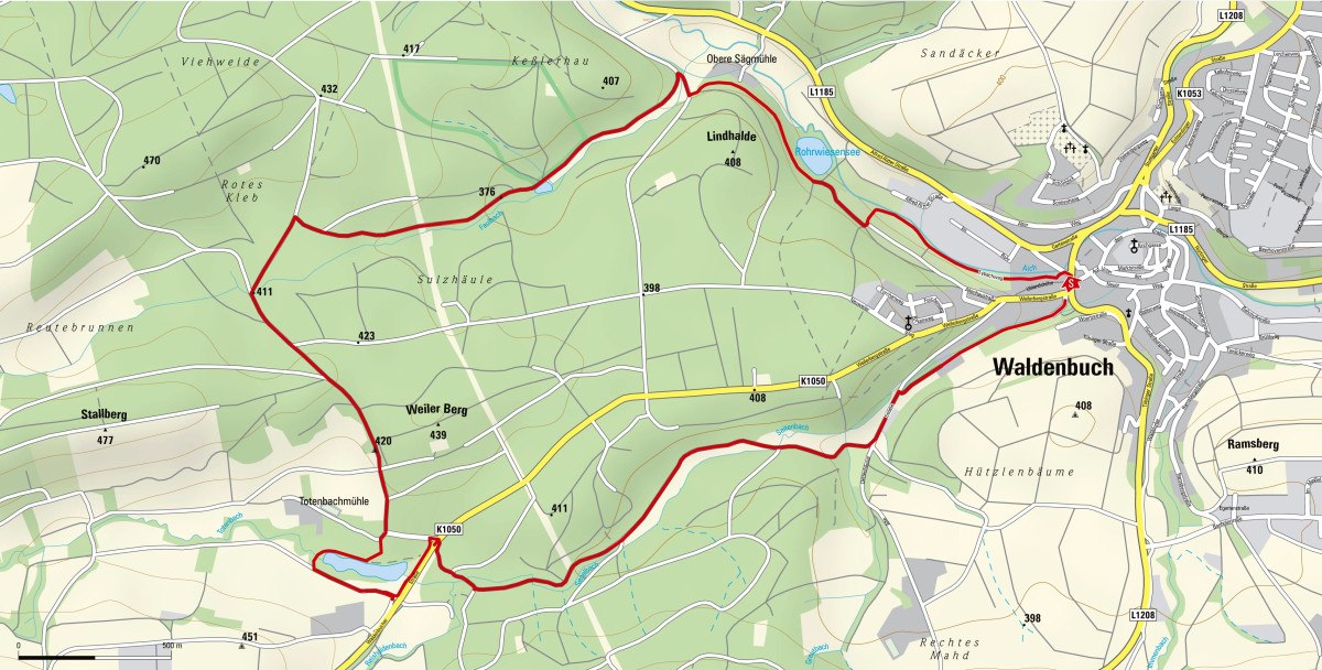 Karte von Waldenbuch mit einer rot markierten Wanderroute durch Wälder und Felder, vorbei an Seen und Hügeln., © Natur.Nah. Schönbuch & Heckengäu Karte von Waldenbuch mit einer rot markierten Wanderroute durch Wälder und Felder, vorbei an Seen und Hügeln., © Natur.Nah. Schönbuch & Heckengäu