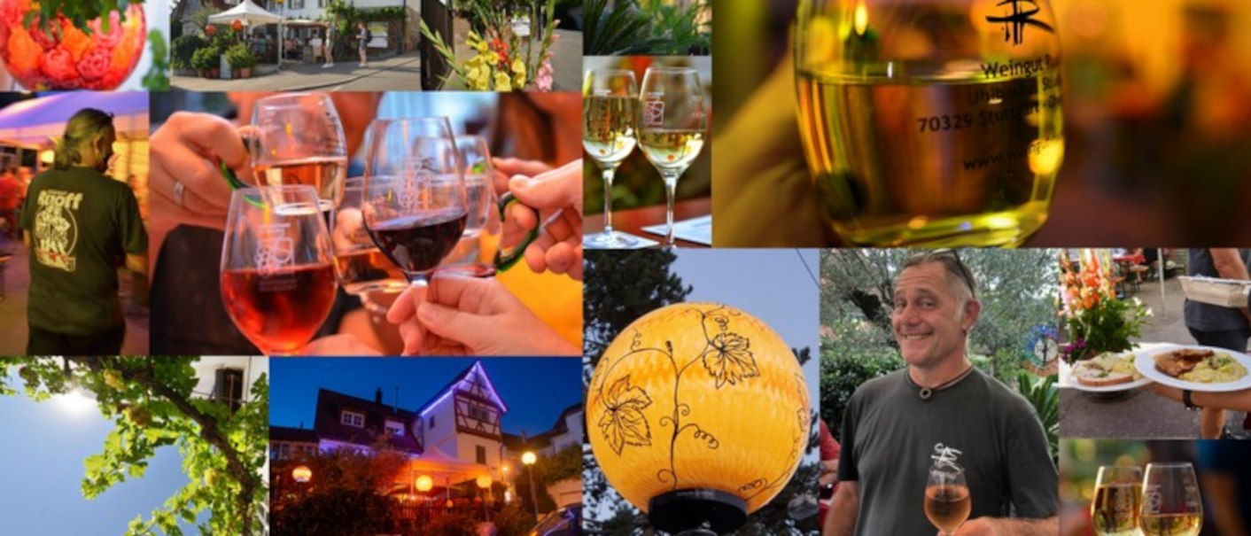 Collage von einem Weinfest mit Weinproben, fröhlichen Menschen, dekorativen Laternen und einem gemütlichen Ambiente im Freien., © Weingut Ruoff