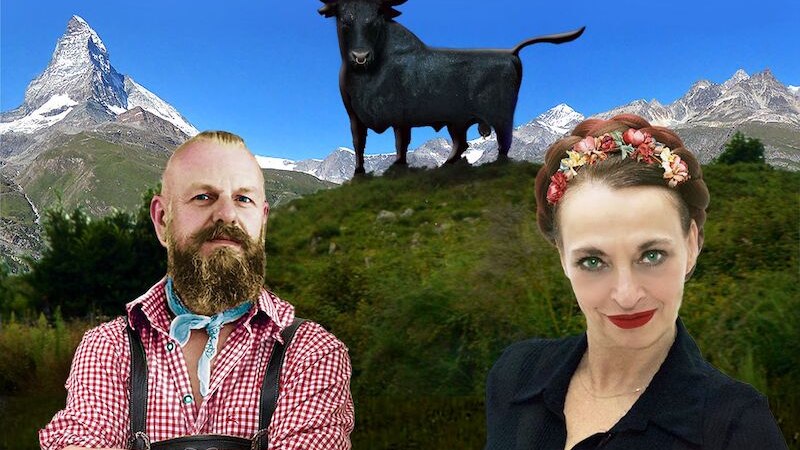 Ein Mann und eine Frau vor dem Matterhorn, mit einer gro&szlig;en Stierstatue im Hintergrund. Der Mann tr&auml;gt ein kariertes Hemd, die Frau hat Blumen im Haar., &copy; Dieselstrasse Kulturzentrum e.V.