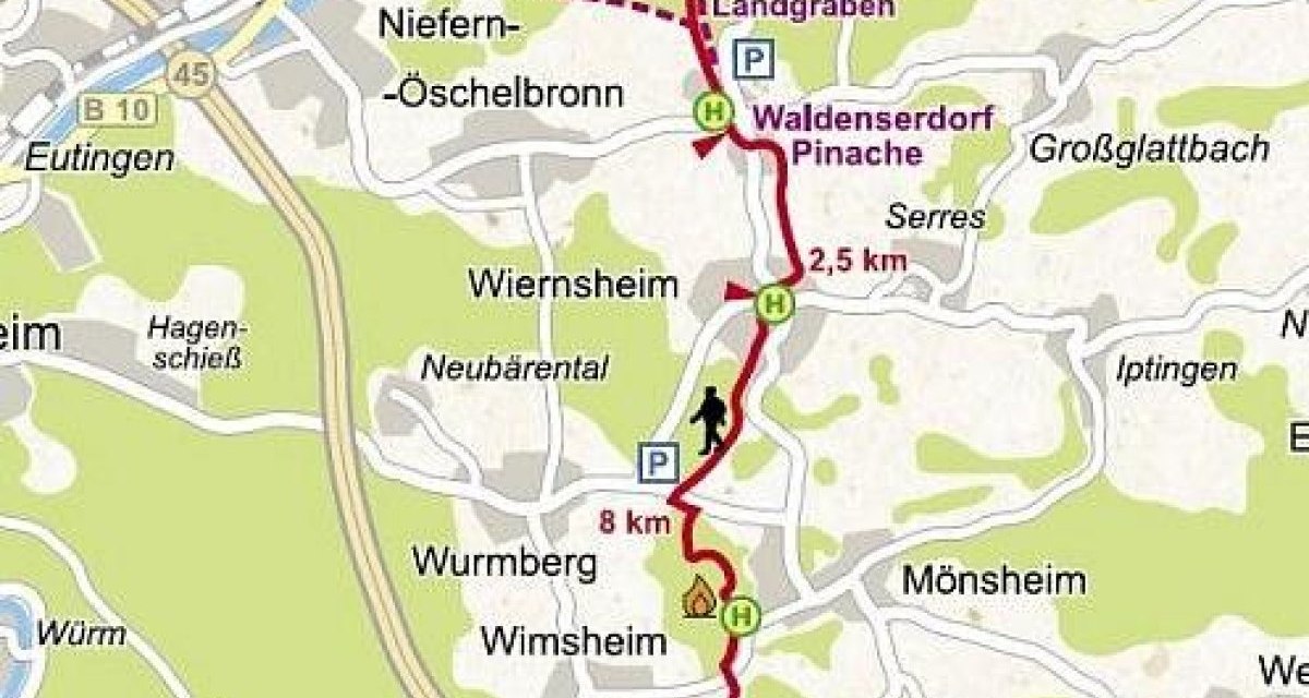 Karte zeigt eine Wanderroute von Mühlacker nach Tiefenbronn über Wiernsheim und Friolzheim. Markiert sind Sehenswürdigkeiten und Entfernungen., © Natur.Nah. Schönbuch & Heckengäu Karte zeigt eine Wanderroute von Mühlacker nach Tiefenbronn über Wiernsheim und Friolzheim. Markiert sind Sehenswürdigkeiten und Entfernungen., © Natur.Nah. Schönbuch & Heckengäu