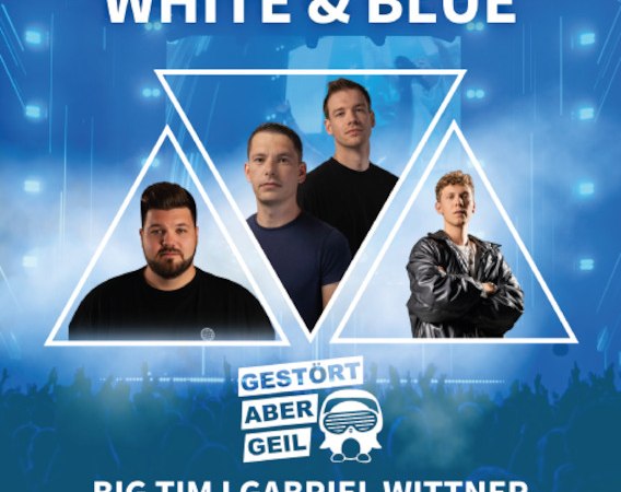 Plakat für das Event 'Just White & Blue' mit DJs Big Tim und Gabriel Wittner. Blau-weißer Hintergrund mit Lichteffekten und Publikumssilhouetten., © EVENTSTIFTER GmbH Plakat für das Event 'Just White & Blue' mit DJs Big Tim und Gabriel Wittner. Blau-weißer Hintergrund mit Lichteffekten und Publikumssilhouetten., © EVENTSTIFTER GmbH