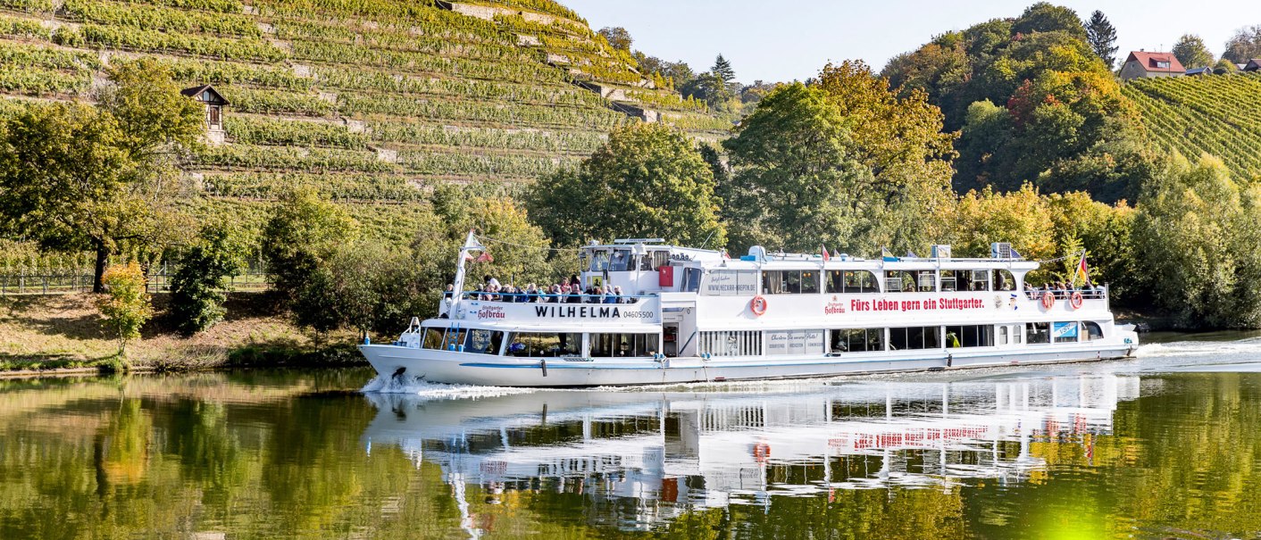 Ein Ausflugsschiff namens Wilhelma f&auml;hrt auf einem Fluss, umgeben von gr&uuml;nen Weinbergen und B&auml;umen im Herbst., &copy; all copyrights are reserved by maks richter