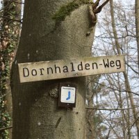 Holzschild 'Dornhalden-Weg' an einem Baum im winterlichen Wald befestigt., © Stuttgart-Marketing GmbH