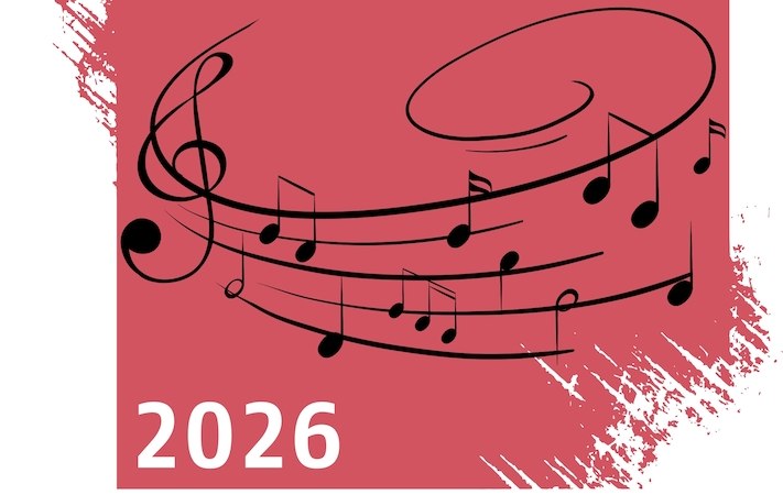 Grafik mit Notenlinien auf rotem Hintergrund, Text: 'Klangmomente 2026 Mauerwerk Kultur genie&szlig;en'., &copy; Mauerwerk GmbH