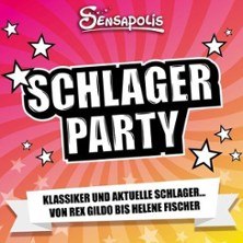 Buntes Poster mit dem Text 'Schlager Party', umgeben von Sternen und einem Hinweis auf Schlager von Rex Gildo bis Helene Fischer., © links im Bild