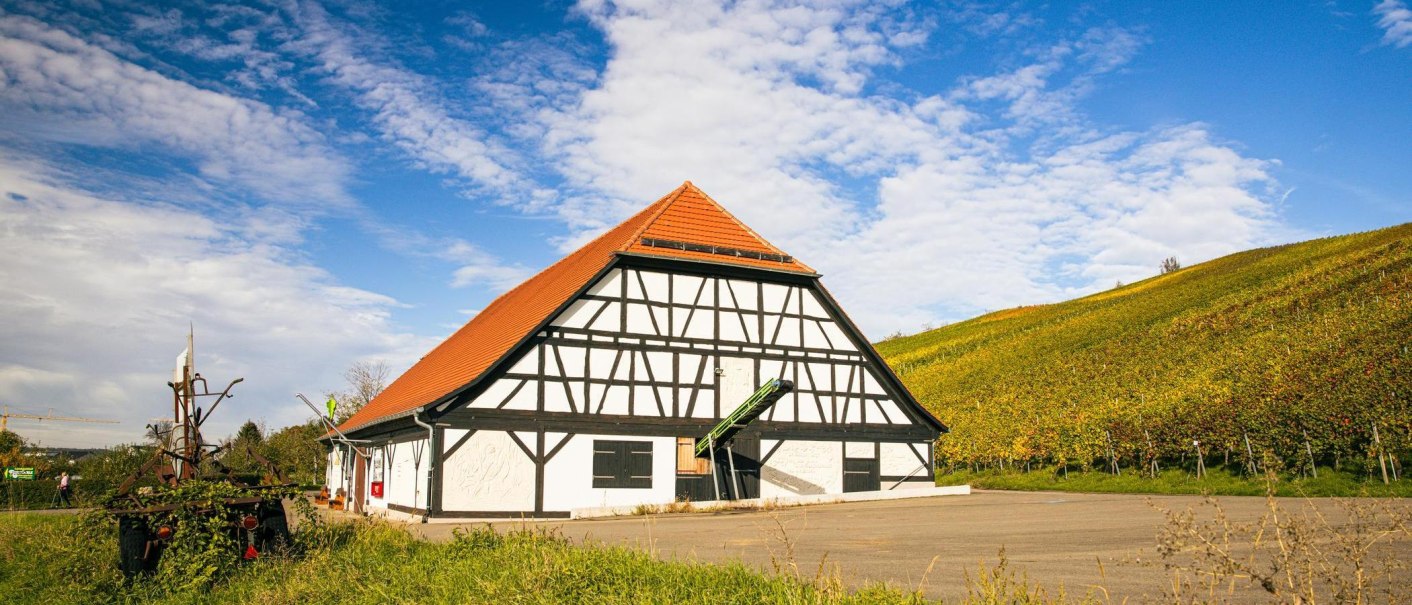 Fachwerkgebäude in Metzingen vor einem sonnigen Himmel, umgeben von Weinbergen. Ein landwirtschaftliches Gerät steht im Vordergrund., © Stuttgart-Marketing GmbH, Sarah Schmid Fachwerkgebäude in Metzingen vor einem sonnigen Himmel, umgeben von Weinbergen. Ein landwirtschaftliches Gerät steht im Vordergrund., © Stuttgart-Marketing GmbH, Sarah Schmid