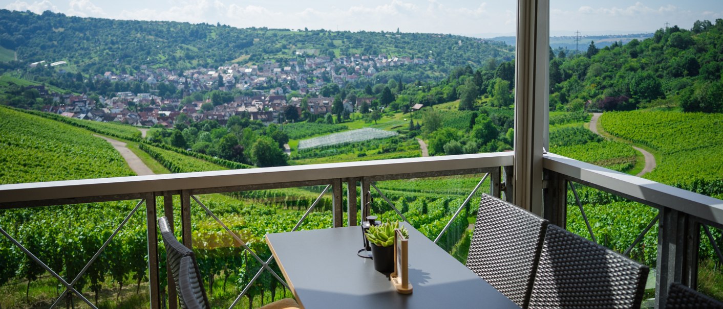 Terrasse mit Tisch und St&uuml;hlen, Blick auf gr&uuml;ne Weinberge und ein Dorf im Hintergrund. Sonniger Tag, klare Sicht auf die Landschaft., &copy; Rotenberger Weing&auml;rtle, Frederik Garlin
