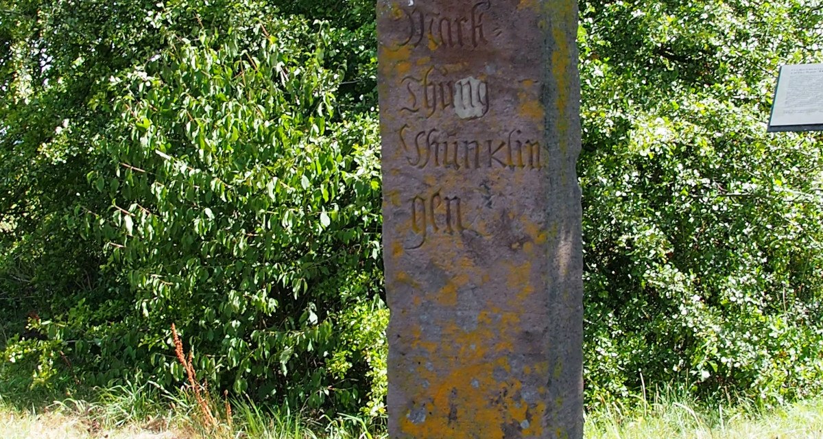Ein alter Grenzstein mit verwitterter Inschrift steht auf einer Wiese, umgeben von Bäumen und Gras., © Natur.Nah. Schönbuch & Heckengäu Ein alter Grenzstein mit verwitterter Inschrift steht auf einer Wiese, umgeben von Bäumen und Gras., © Natur.Nah. Schönbuch & Heckengäu