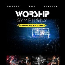 Plakat für 'Worship Symphony - Christmas Time' mit Konzertszene und Genres Gospel, Pop, Klassik., © links im Bild