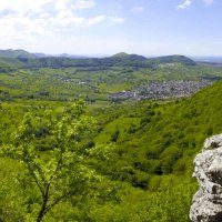 Panoramablick über eine grüne Hügellandschaft mit einer Burg auf einem Hügel rechts. Im Tal liegt eine Stadt, umgeben von üppiger Vegetation., © Albverein Metzingen