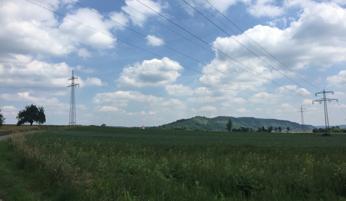 Grüne Wiesen mit Strommasten, ein Hügel im Hintergrund und ein bewölkter Himmel., © www.pro-cycl.de