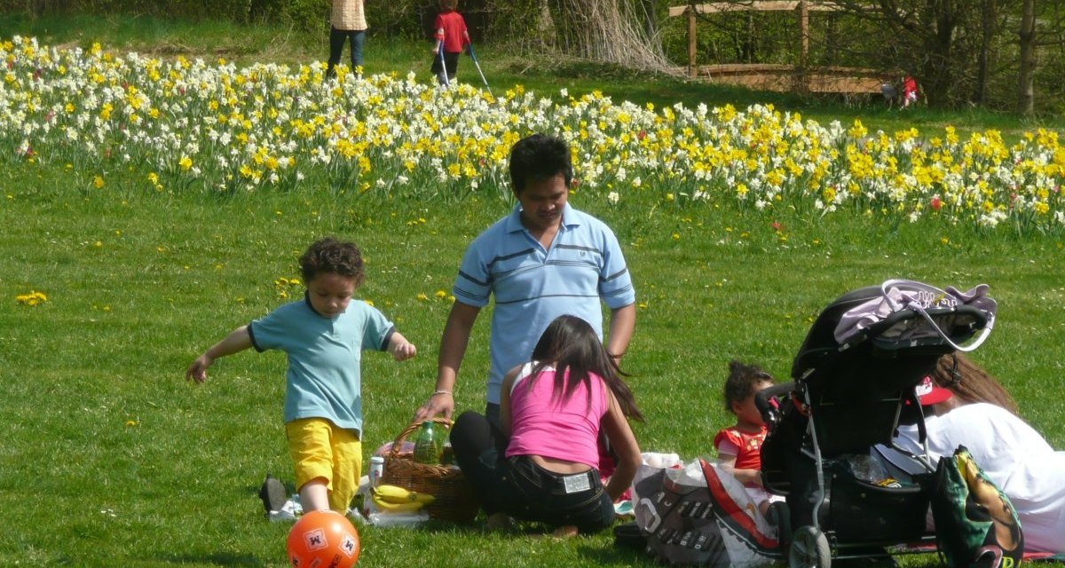 Familie genießt ein Picknick im Park. Ein Kind spielt mit einem Ball, während andere auf der Decke sitzen. Im Hintergrund blühende Narzissen., © Sindelfingen - Stuttgart-Marketing GmbH Familie genießt ein Picknick im Park. Ein Kind spielt mit einem Ball, während andere auf der Decke sitzen. Im Hintergrund blühende Narzissen., © Sindelfingen - Stuttgart-Marketing GmbH