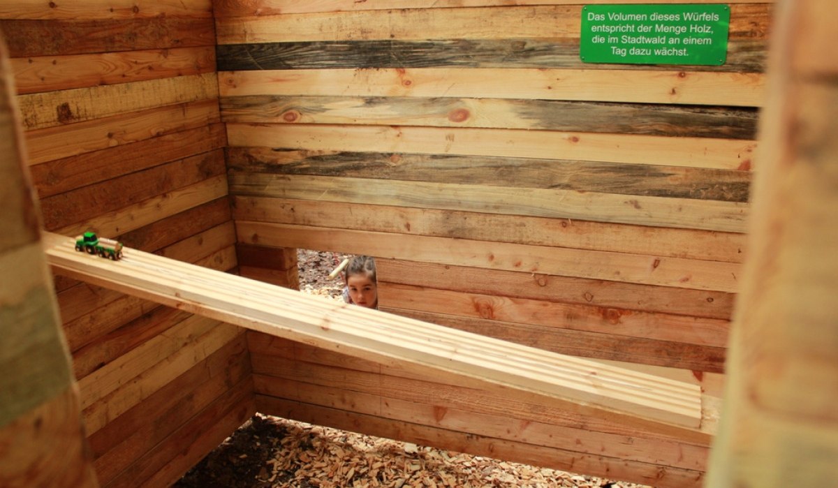 Innenansicht einer Holzkonstruktion mit Holzlatten und einem kleinen Fenster, durch das ein Kind schaut. Ein Spielzeugtraktor steht auf einem Balken., © Amt für Forsten Landkreis Böblingen Innenansicht einer Holzkonstruktion mit Holzlatten und einem kleinen Fenster, durch das ein Kind schaut. Ein Spielzeugtraktor steht auf einem Balken., © Amt für Forsten Landkreis Böblingen