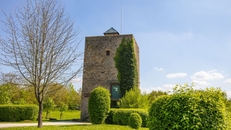 Der Albvereinsturm auf dem Stumpenhof steht inmitten gr&uuml;ner Vegetation. Ein klarer Himmel und Sonnenschein runden die Szene ab., &copy; Plochingen