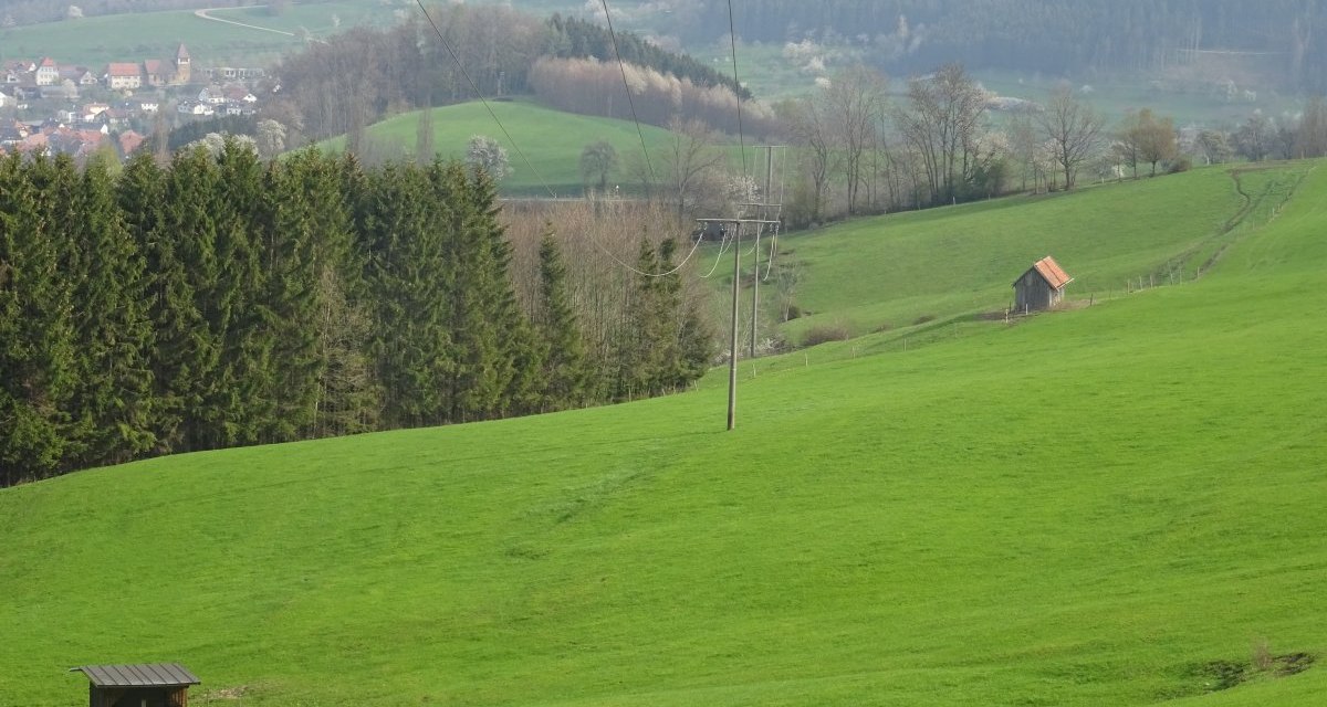 Grüne Hügel mit vereinzelten Bäumen und kleinen Gebäuden. Stromleitungen verlaufen durch die Landschaft. Im Hintergrund ein Dorf., © Foto: Cornelia Steinbach Grüne Hügel mit vereinzelten Bäumen und kleinen Gebäuden. Stromleitungen verlaufen durch die Landschaft. Im Hintergrund ein Dorf., © Foto: Cornelia Steinbach